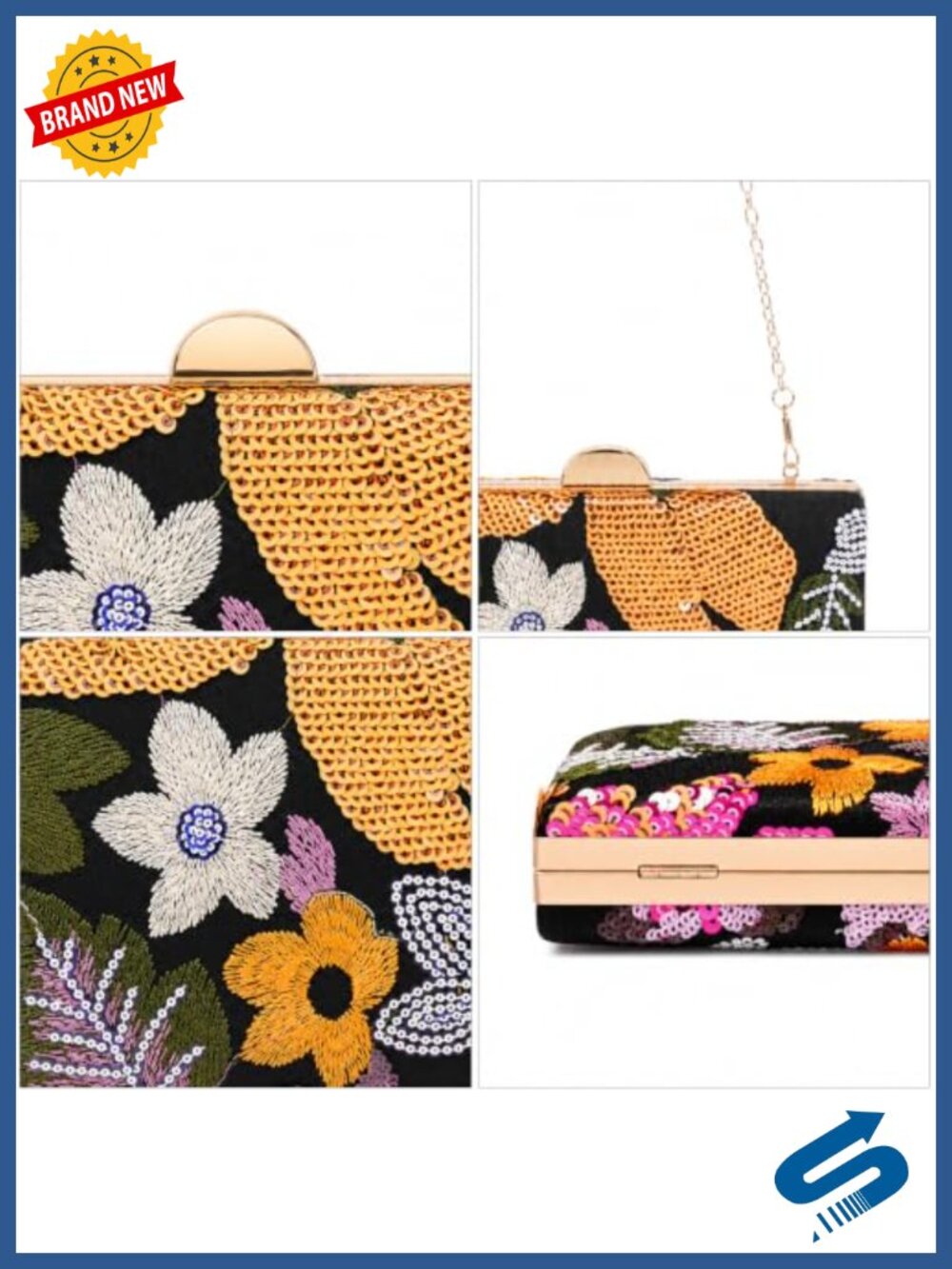 Beaded Floral Evening Clutch with Gold Chain Strap - Picture 5 of 5